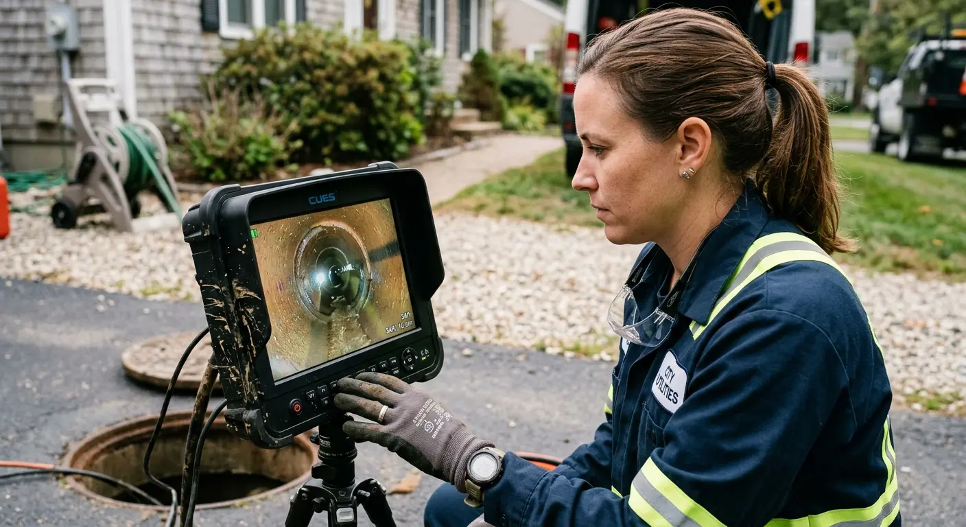 Technician reviewing sewer camera inspection footage in Nappanee