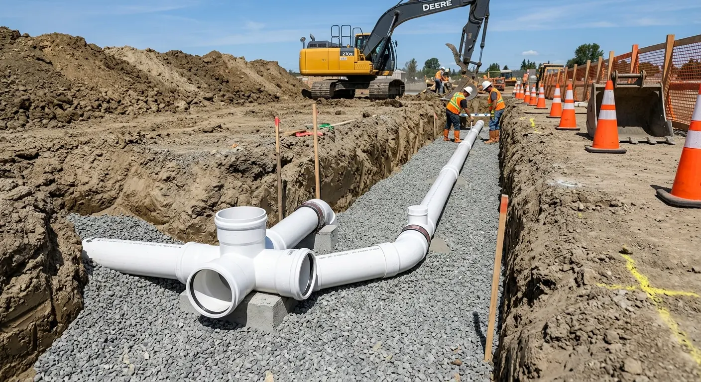 New PVC sewer pipe installation in open trench for Commercial Drain Cleaning in Nappanee