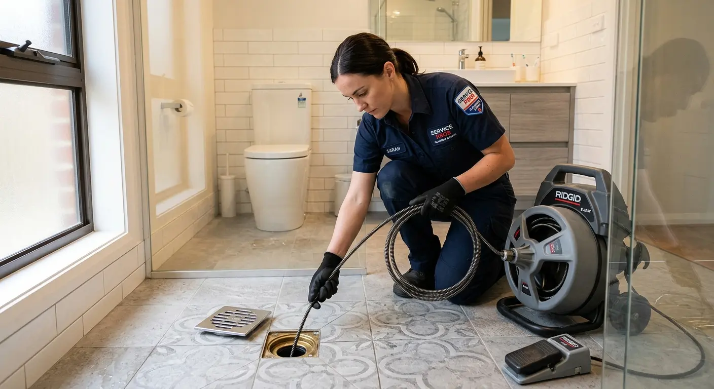 Technician clearing a bathroom floor drain for Drain Cleaning in Nappanee